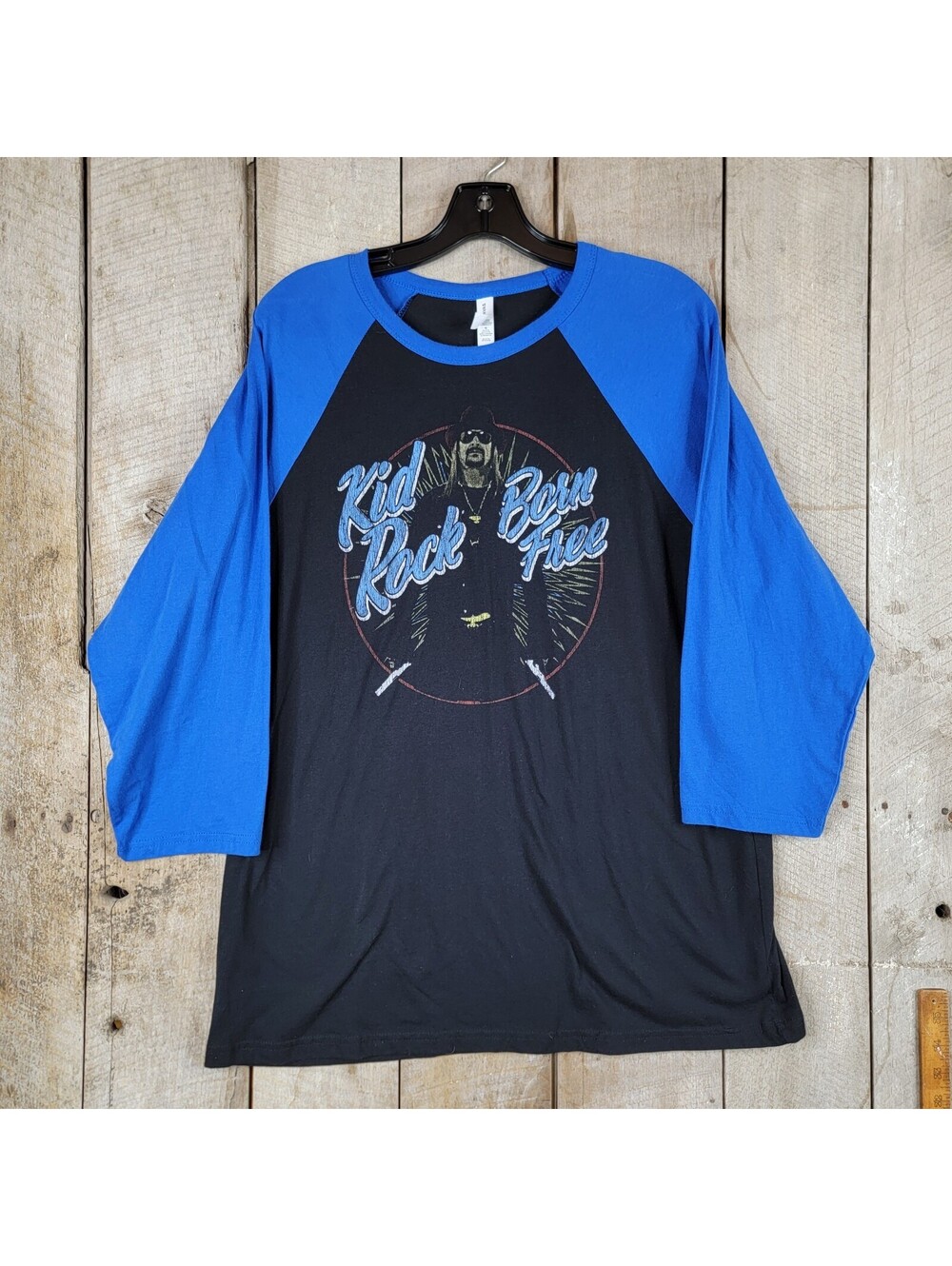 Kid Rock Born Free Raglan T-Shirt XL Blue Black 3/4 Sleeve Rock Band Tee